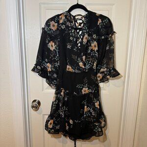 Olivaceous Women's Medium Back Cutout Black Floral Ruffle Chiffon Dress